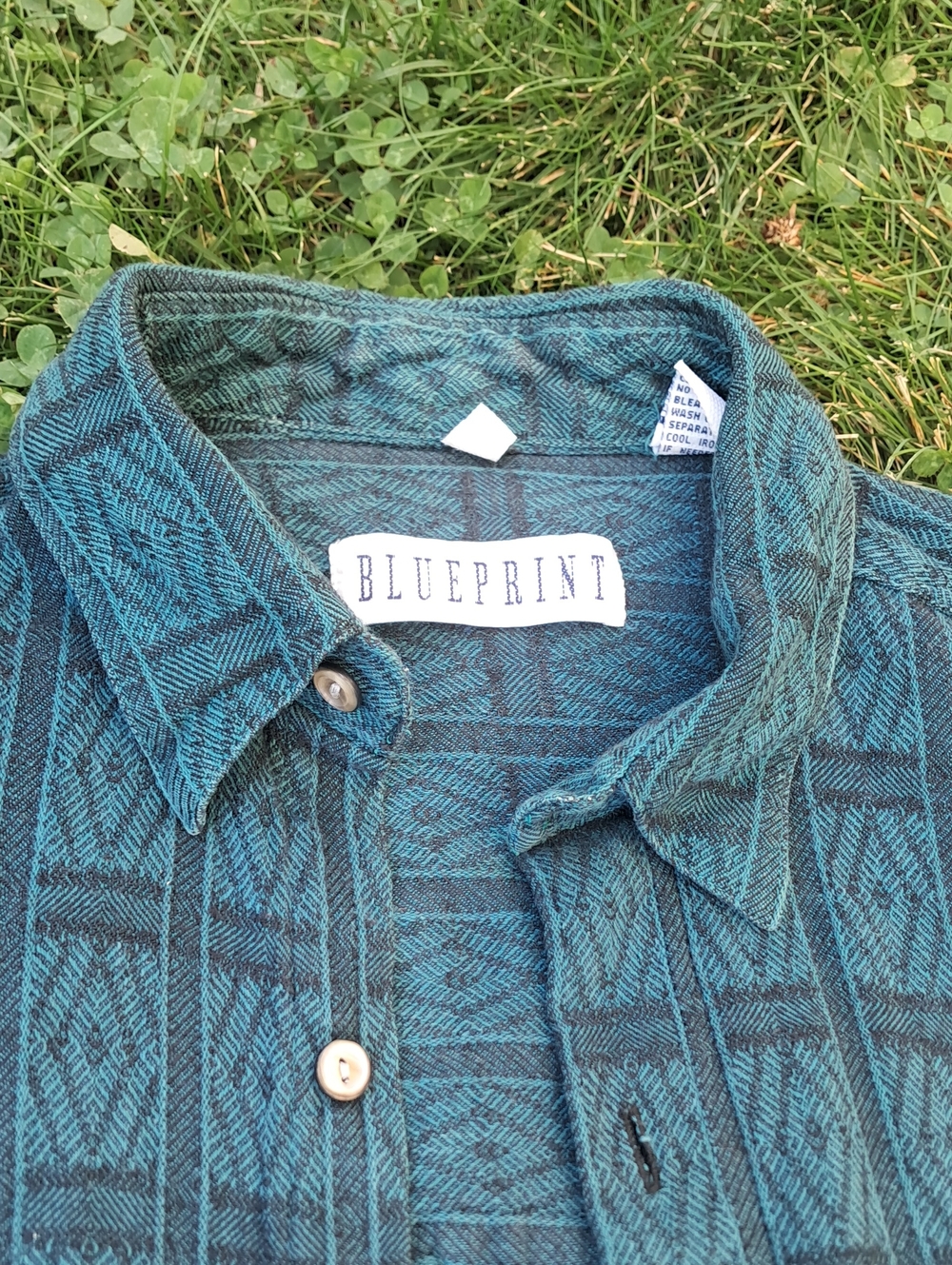 Vtg Blueprint Uni Sex Teal Patterned Button Up Flannel
